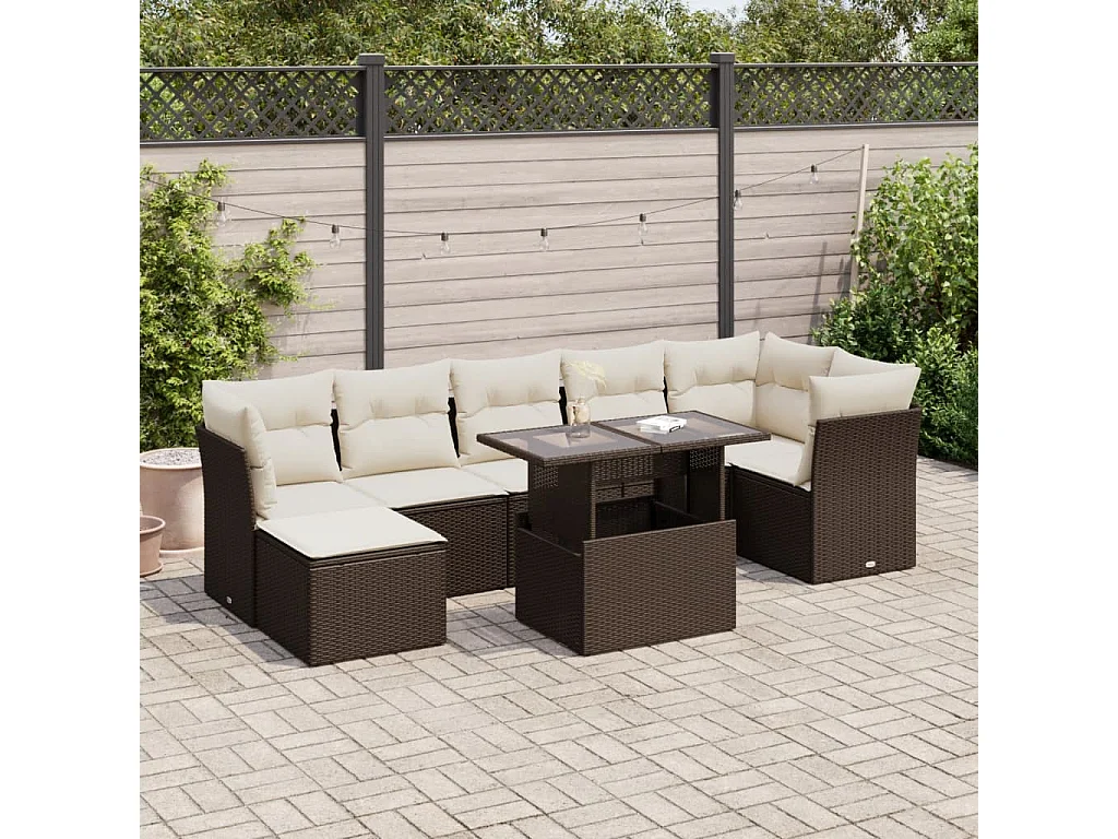 8-delige Loungeset met kussens poly rattan bruin