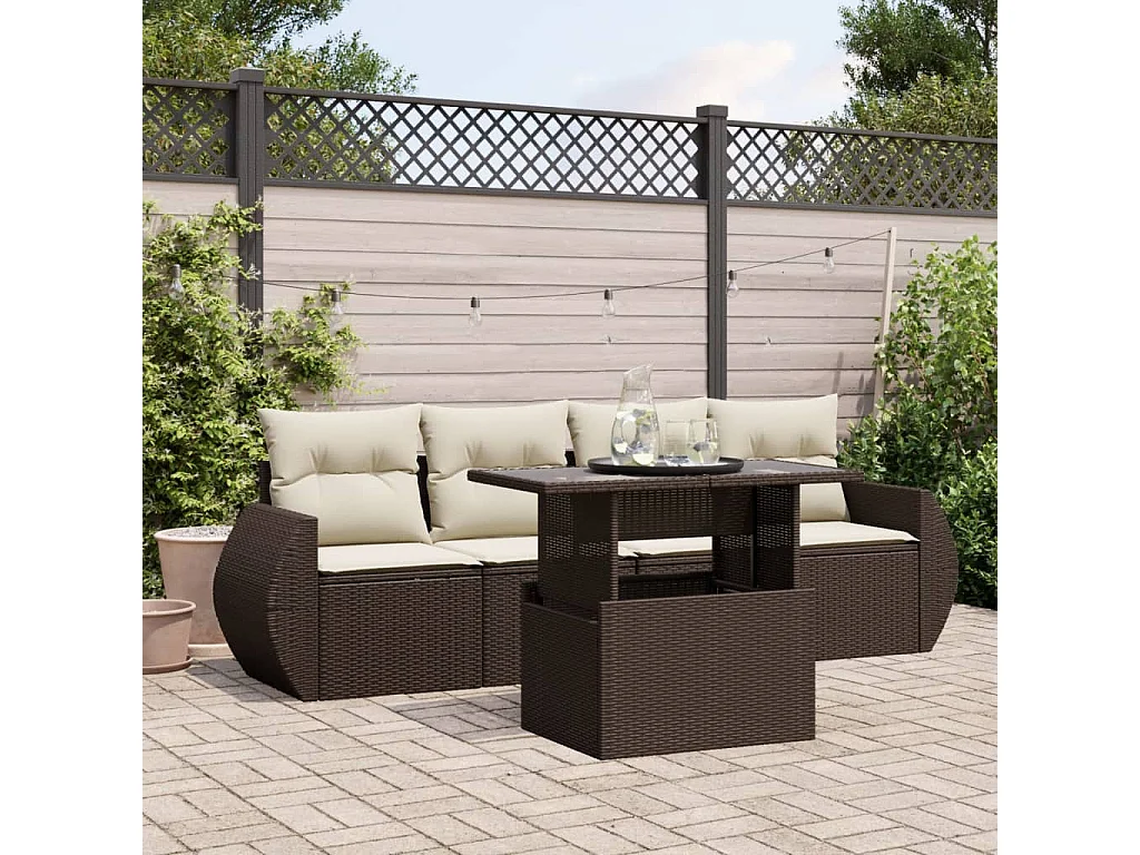 5-delige Loungeset met kussens poly rattan bruin