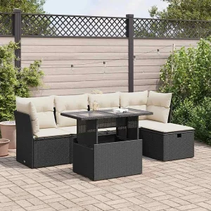 6-delige Loungeset met kussens poly rattan zwart 6-delige Loungeset met kussens poly rattan zwart