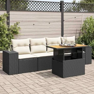 5-delige Loungeset met kussens poly rattan zwart 5-delige Loungeset met kussens poly rattan zwart