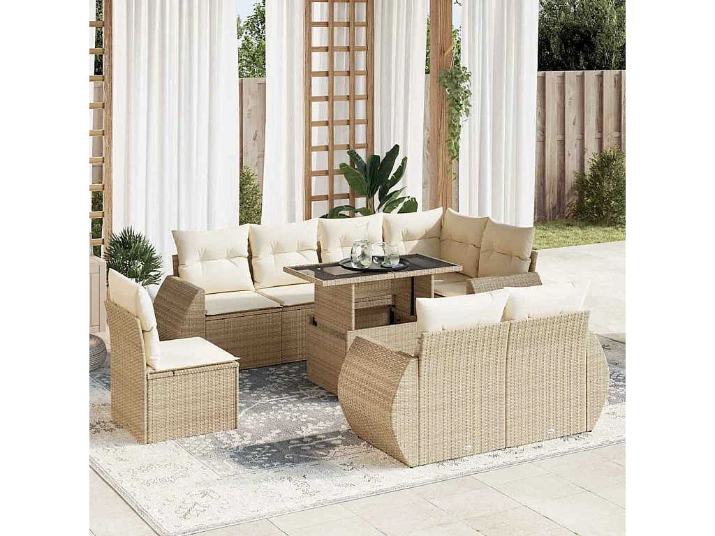 9-delige Loungeset met kussens poly rattan beige