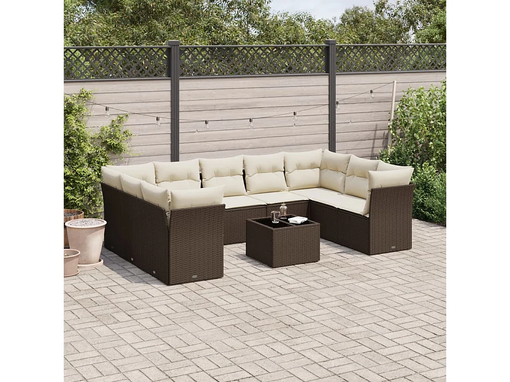 10-delige Loungeset met kussens poly rattan bruin