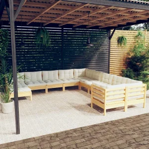 11-delige Loungeset met crèmekleurige kussens grenenhout 11-delige Loungeset met crèmekleurige kussens grenenhout
