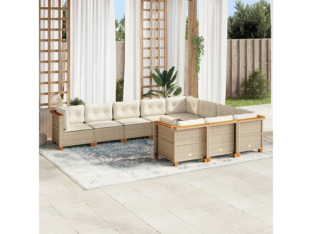 10-delige Loungeset met kussens poly rattan beige