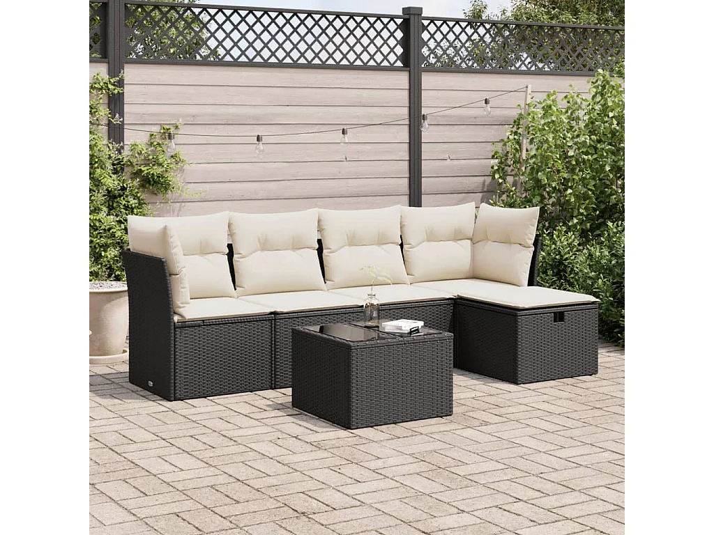 6-delige Loungeset met kussens poly rattan zwart
