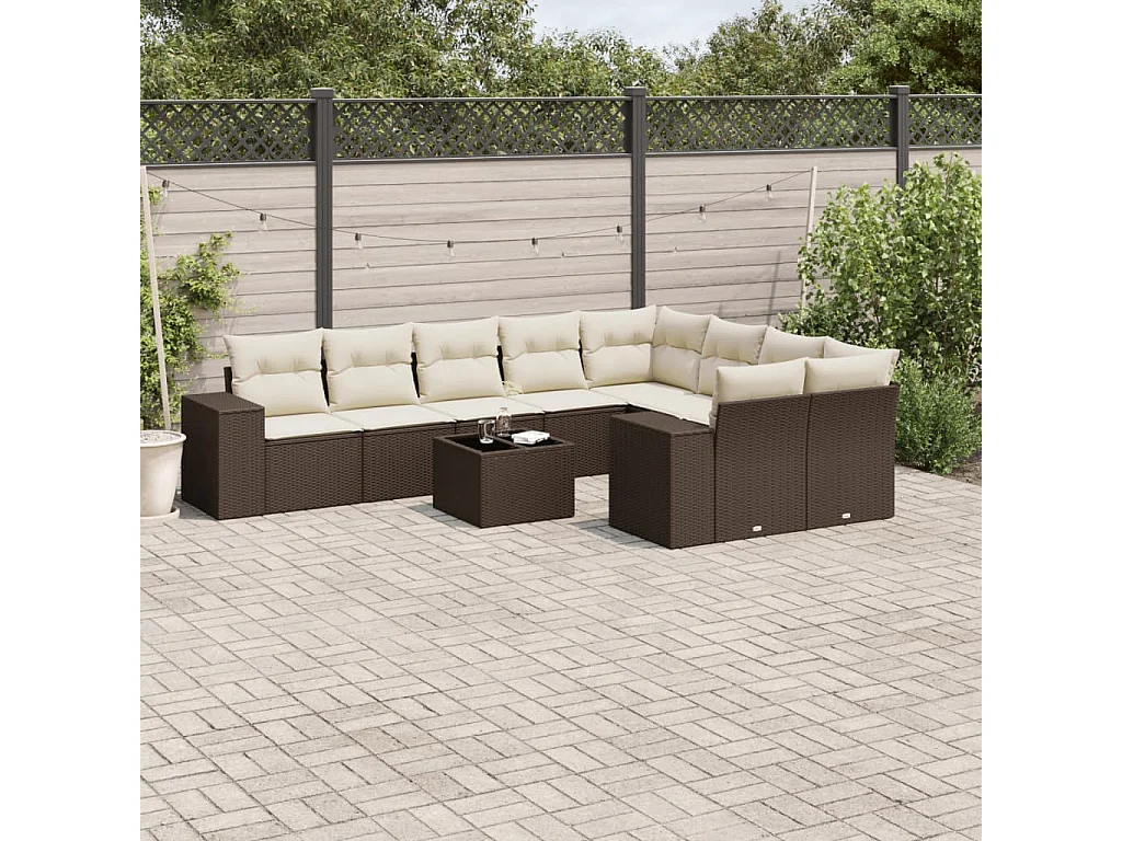 10-delige Loungeset met kussens poly rattan bruin