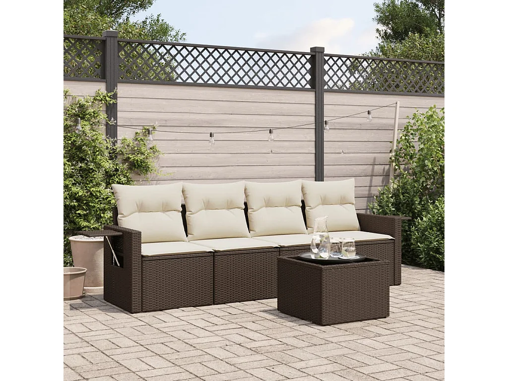 5-delige Loungeset met kussens poly rattan bruin