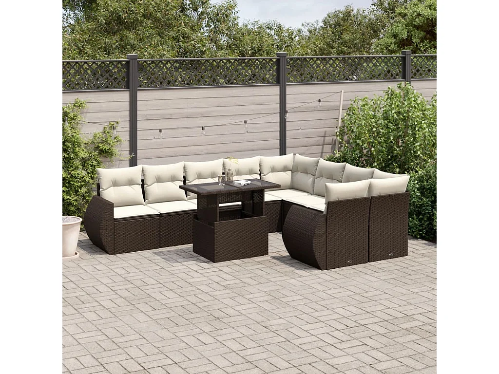 10-delige Loungeset met kussens poly rattan bruin