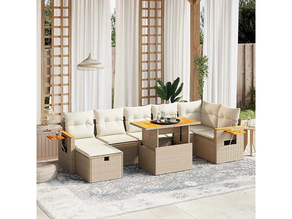 8-delige Loungeset met kussens poly rattan beige