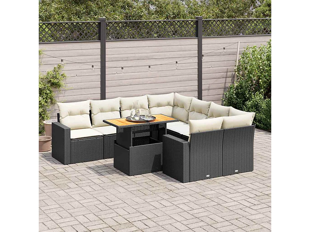 9-delige Loungeset met kussens poly rattan zwart