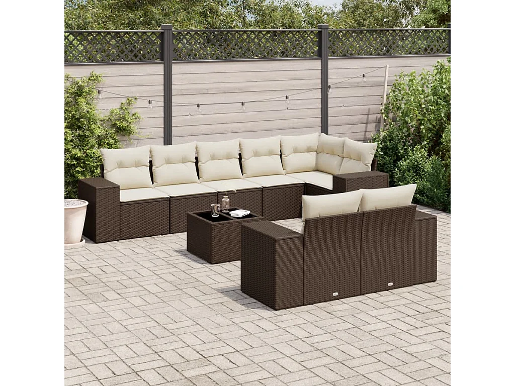 9-delige Loungeset met kussens poly rattan bruin