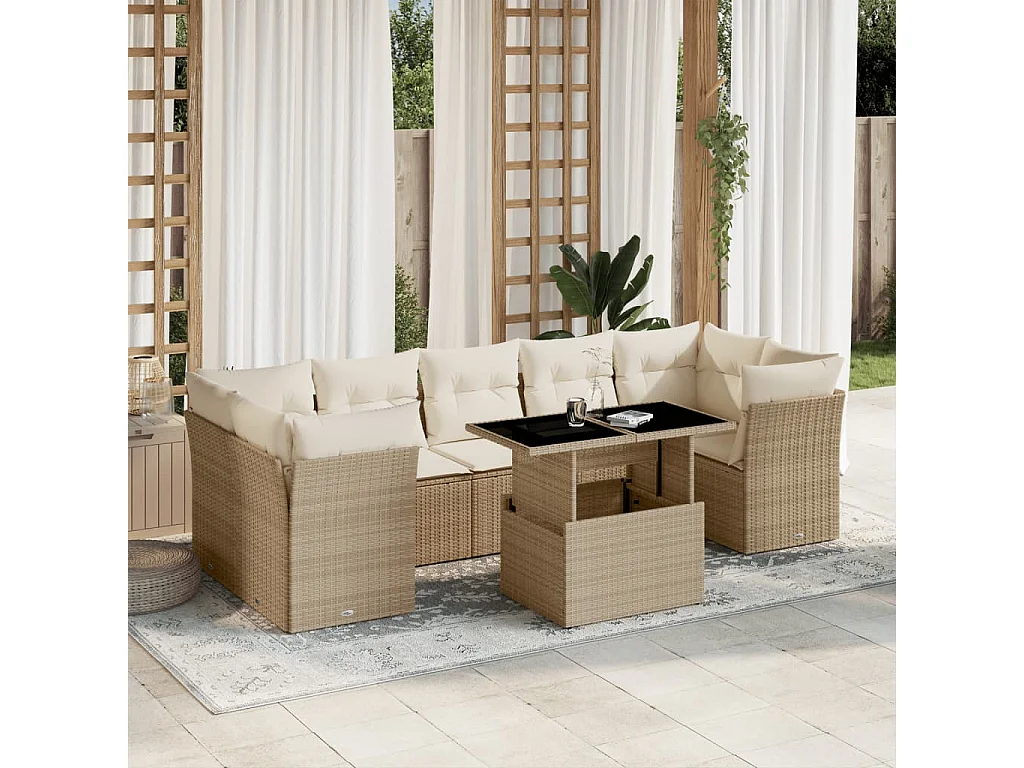 8-delige Loungeset met kussens poly rattan beige