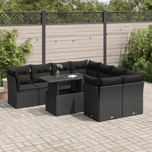 9-delige Loungeset met kussens poly rattan zwart 9-delige Loungeset met kussens poly rattan zwart