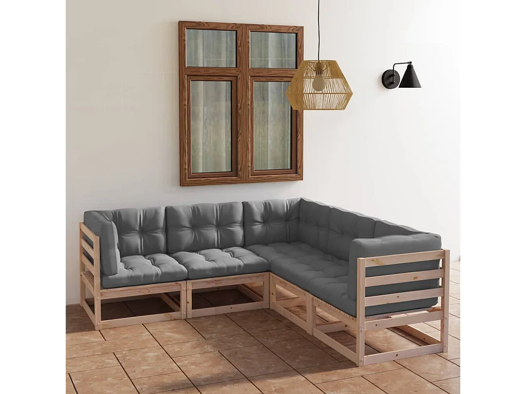 5-delige Loungeset met kussens massief grenenhout
