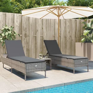 3-delige Ligbeddenset met kussens poly rattan grijs 3-delige Ligbeddenset met kussens poly rattan grijs