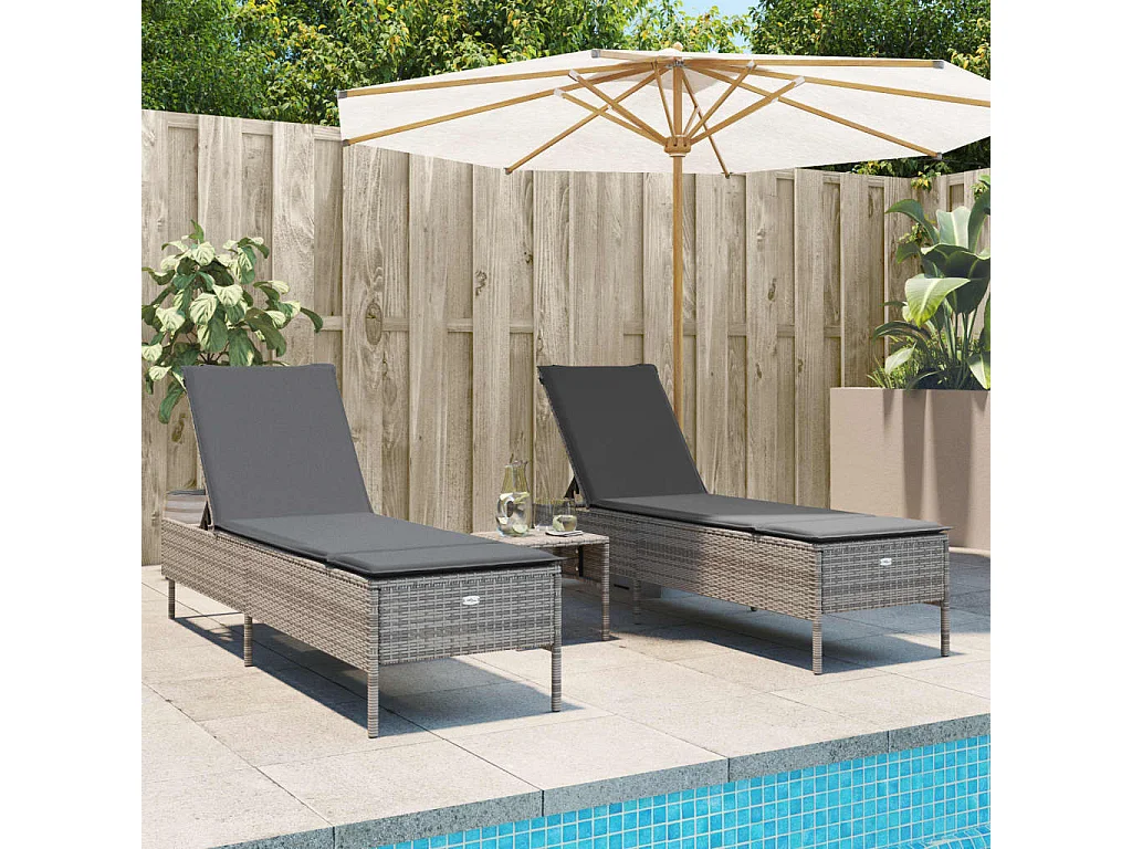 3-delige Ligbeddenset met kussens poly rattan grijs