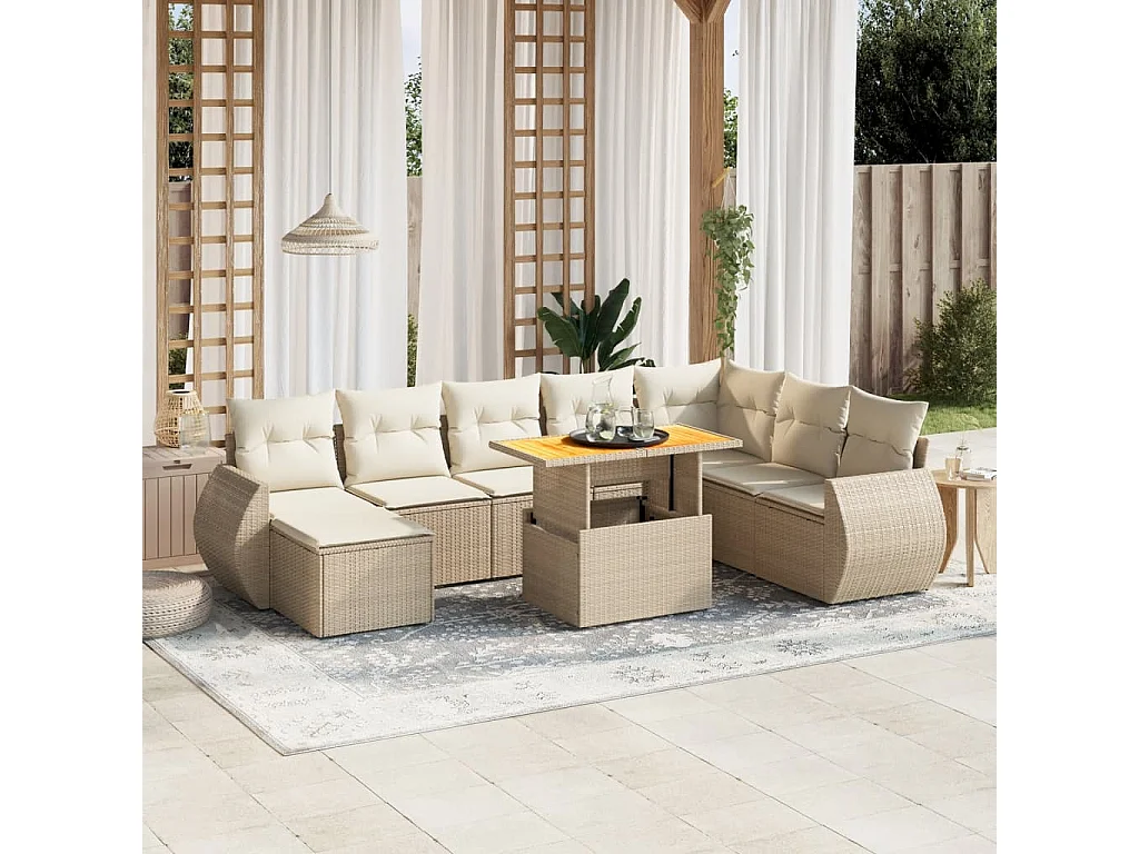 9-delige Loungeset met kussens poly rattan beige