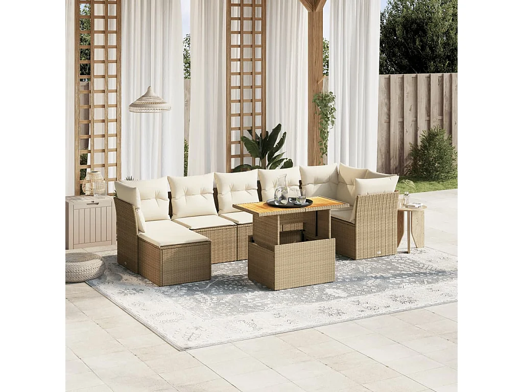 8-delige Loungeset met kussens poly rattan beige