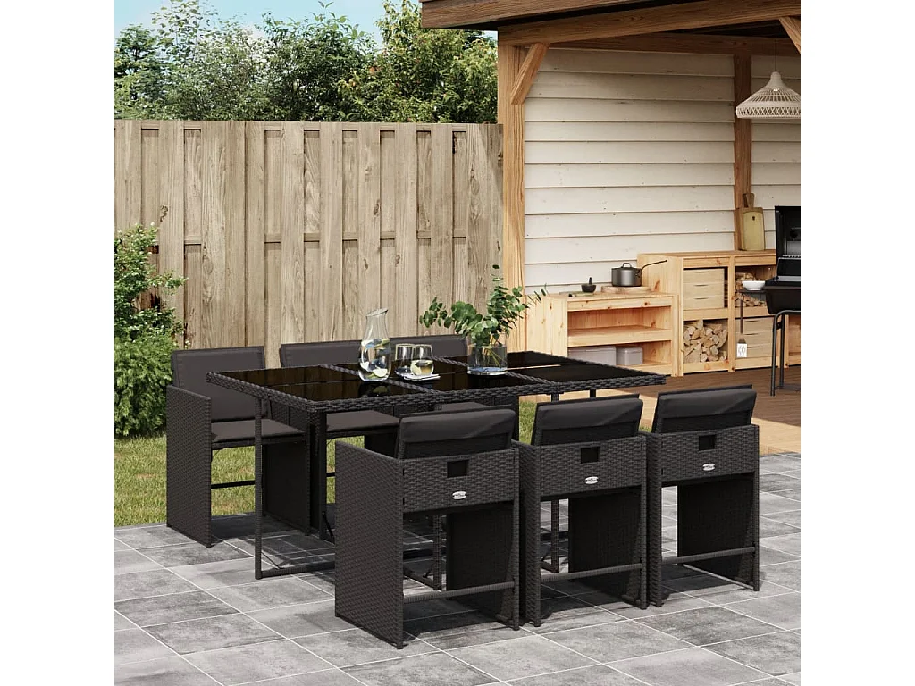 7-delige Tuinset met kussens poly rattan zwart