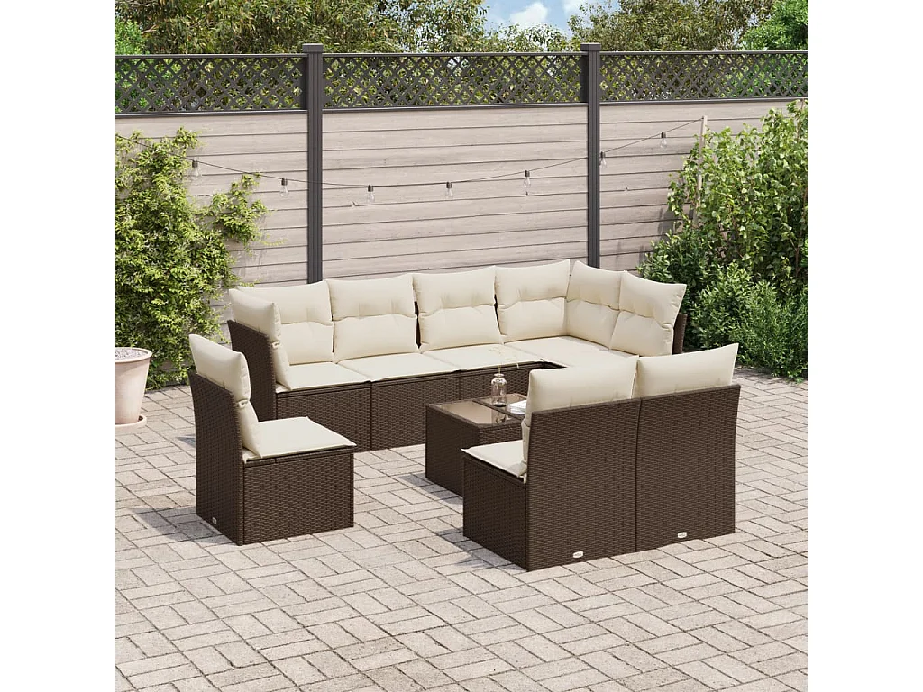 9-delige Loungeset met kussens poly rattan bruin