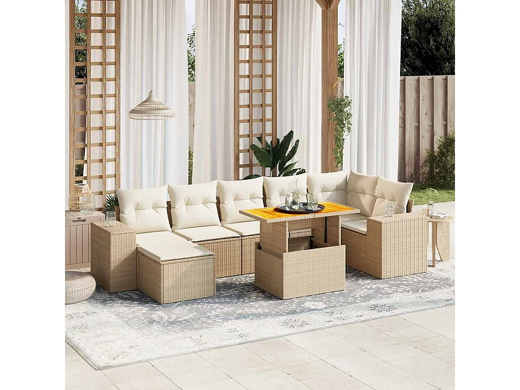 8-delige Loungeset met kussens poly rattan beige