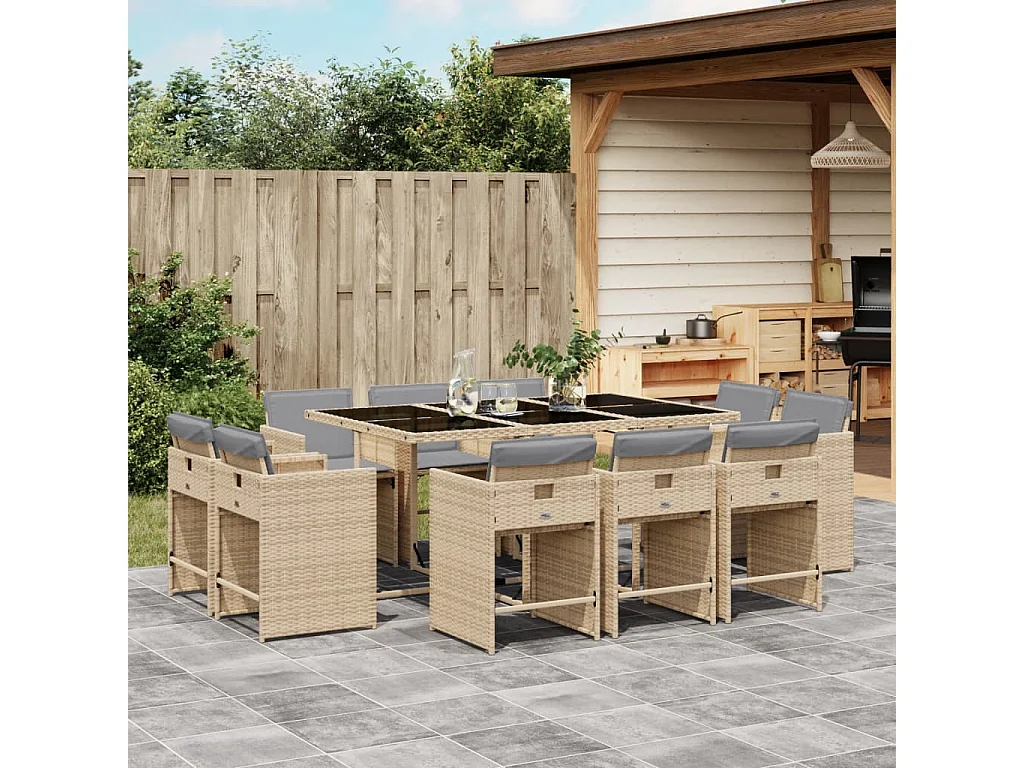 11-delige Tuinset met kussens poly rattan gemengd beige