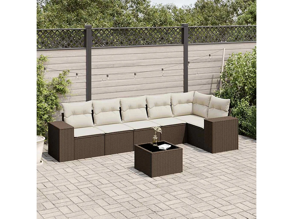 7-delige Loungeset met kussens poly rattan bruin
