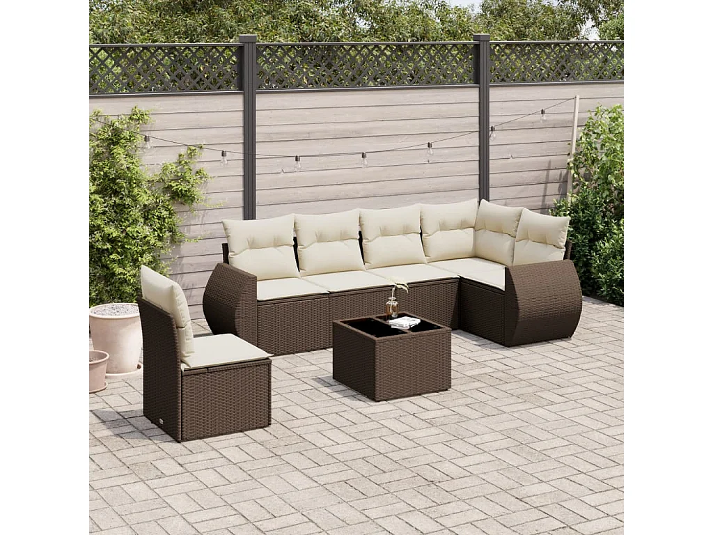 7-delige Loungeset met kussens poly rattan bruin