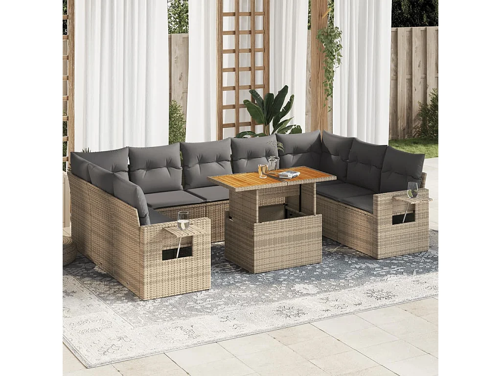 10-delige Loungeset met kussens poly rattan beige