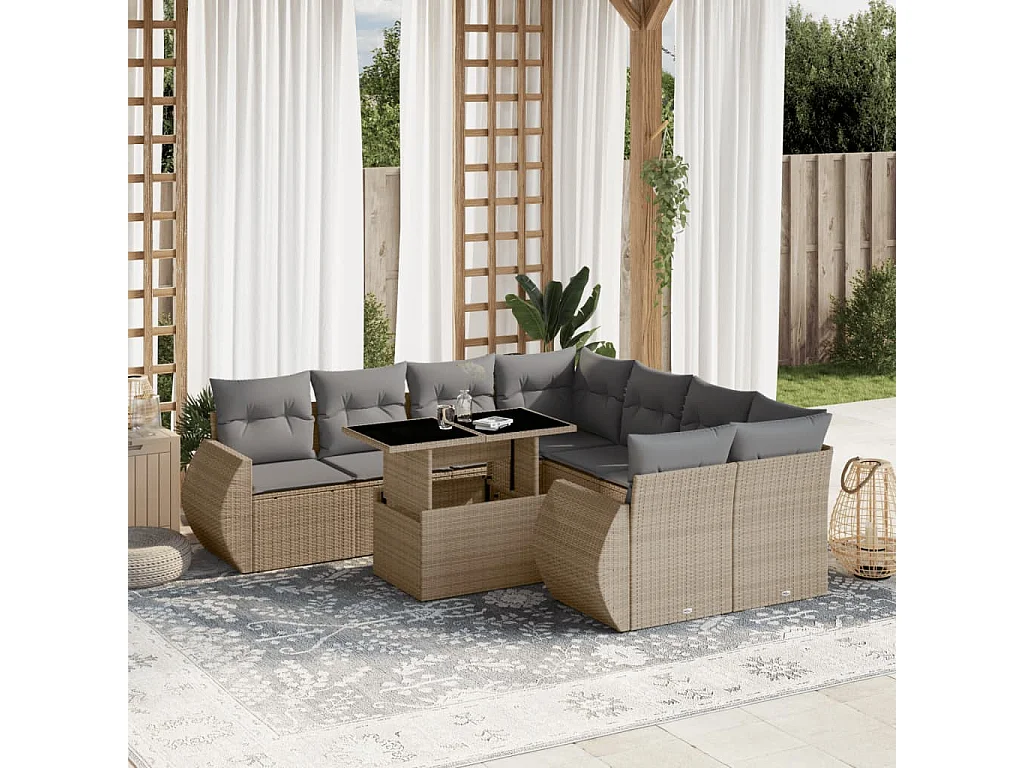 9-delige Loungeset met kussens poly rattan beige