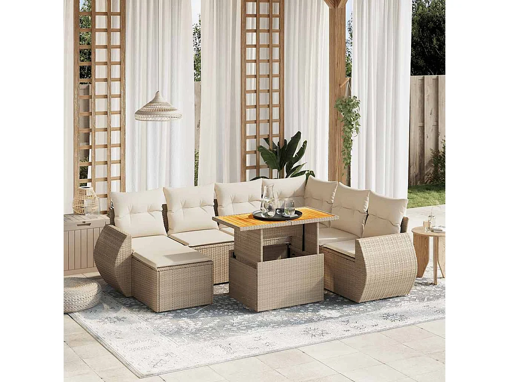 8-delige Loungeset met kussens poly rattan beige