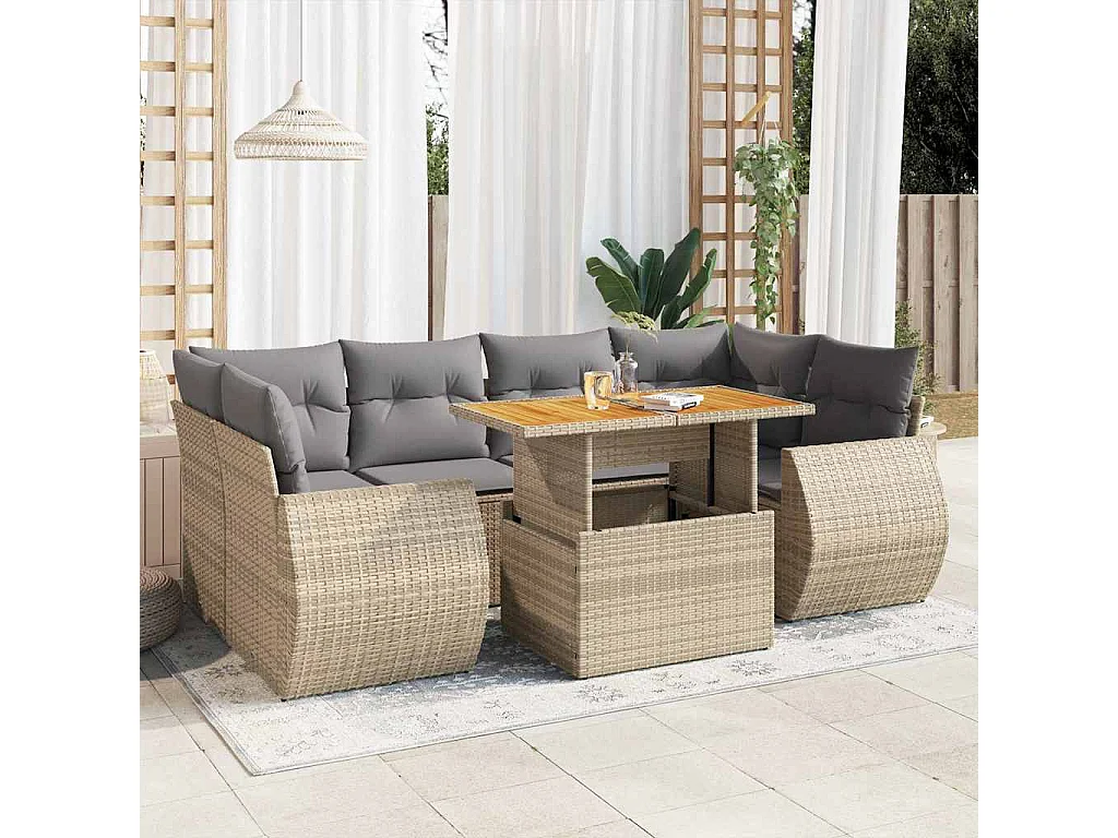 7-delige Loungeset met kussens poly rattan beige
