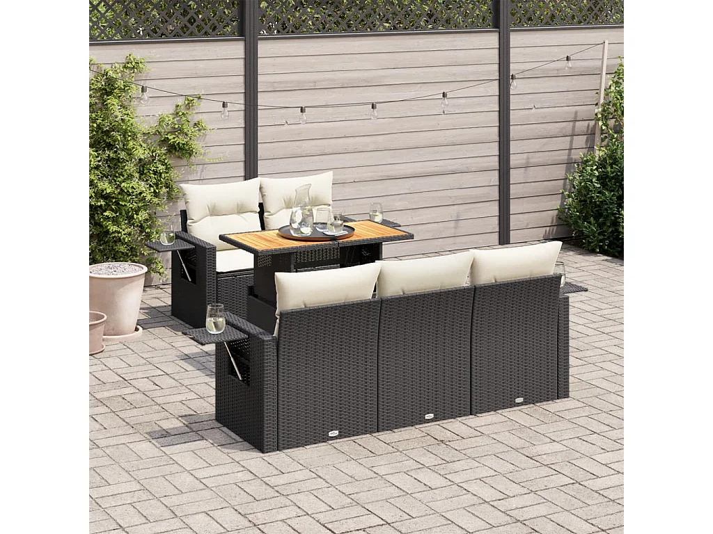 6-delige Loungeset met kussens poly rattan zwart
