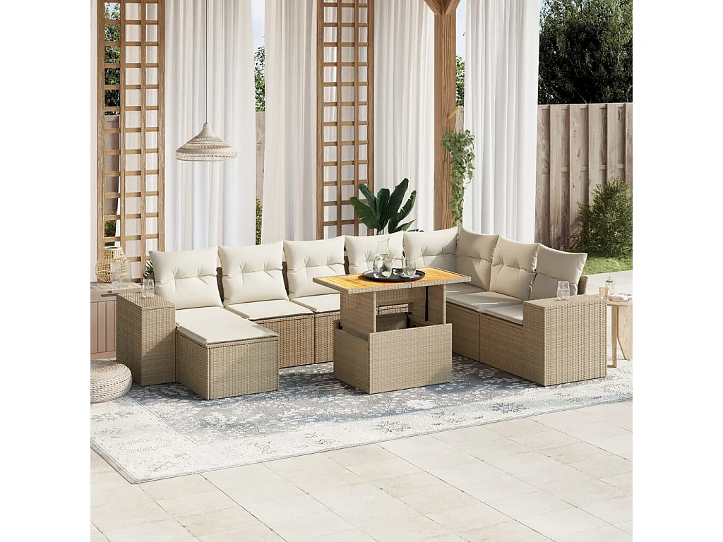 9-delige Loungeset met kussens poly rattan beige