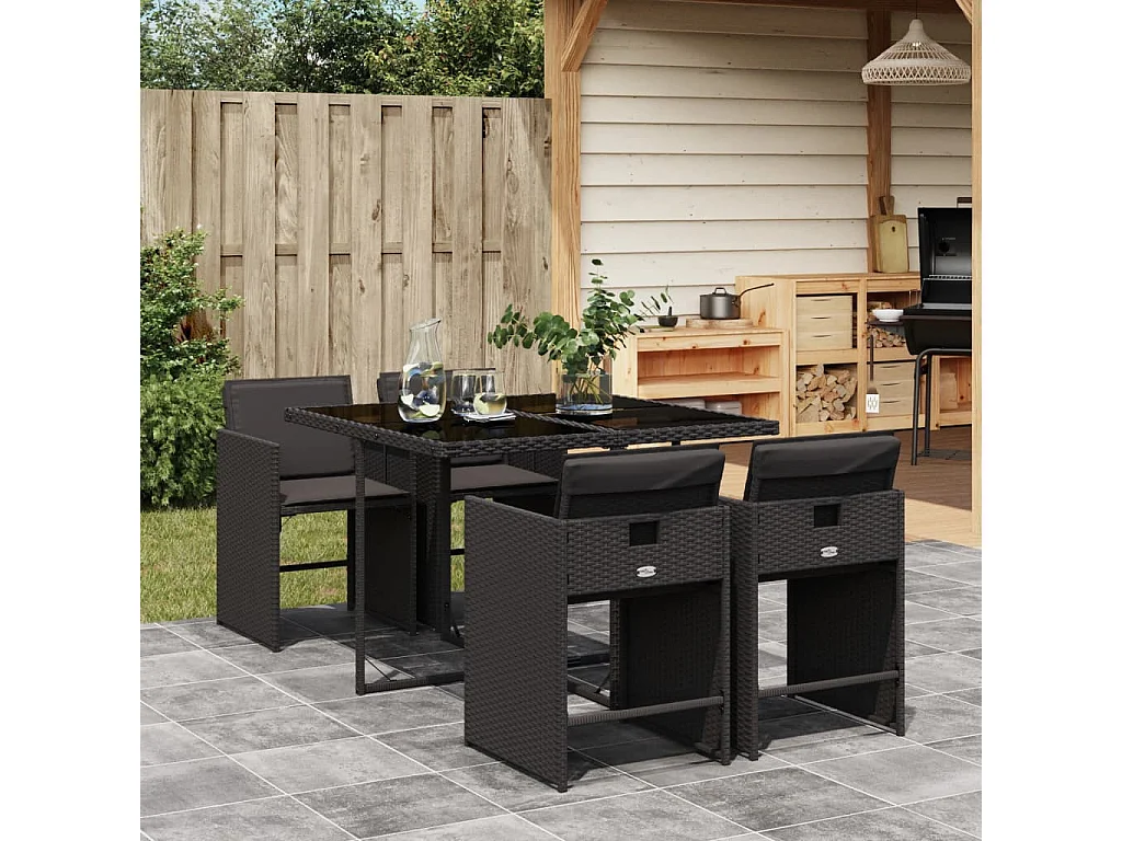 5-delige Tuinset met kussens poly rattan zwart
