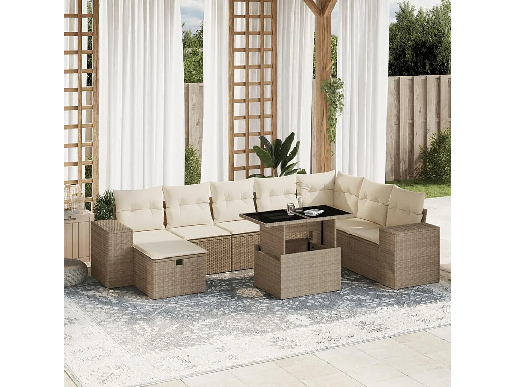 9-delige Loungeset met kussens poly rattan beige