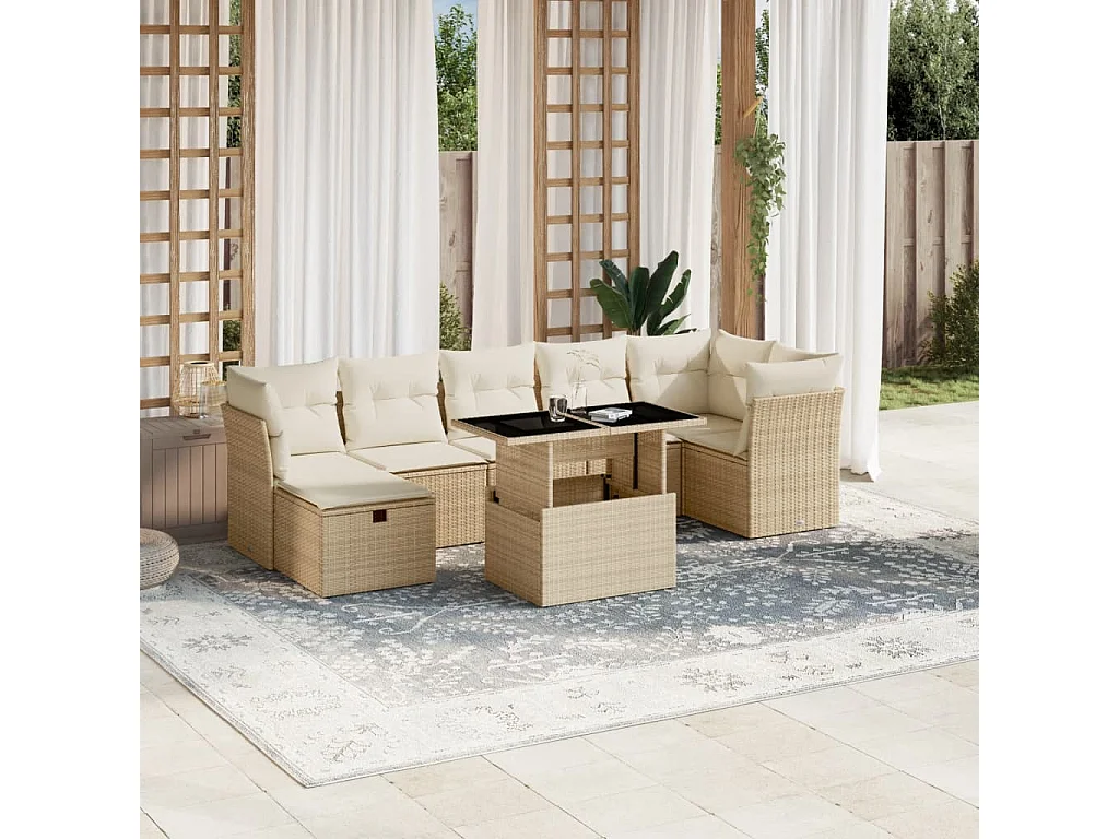 8-delige Loungeset met kussens poly rattan beige