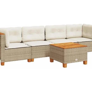 5-delige Loungeset met kussens poly rattan beige