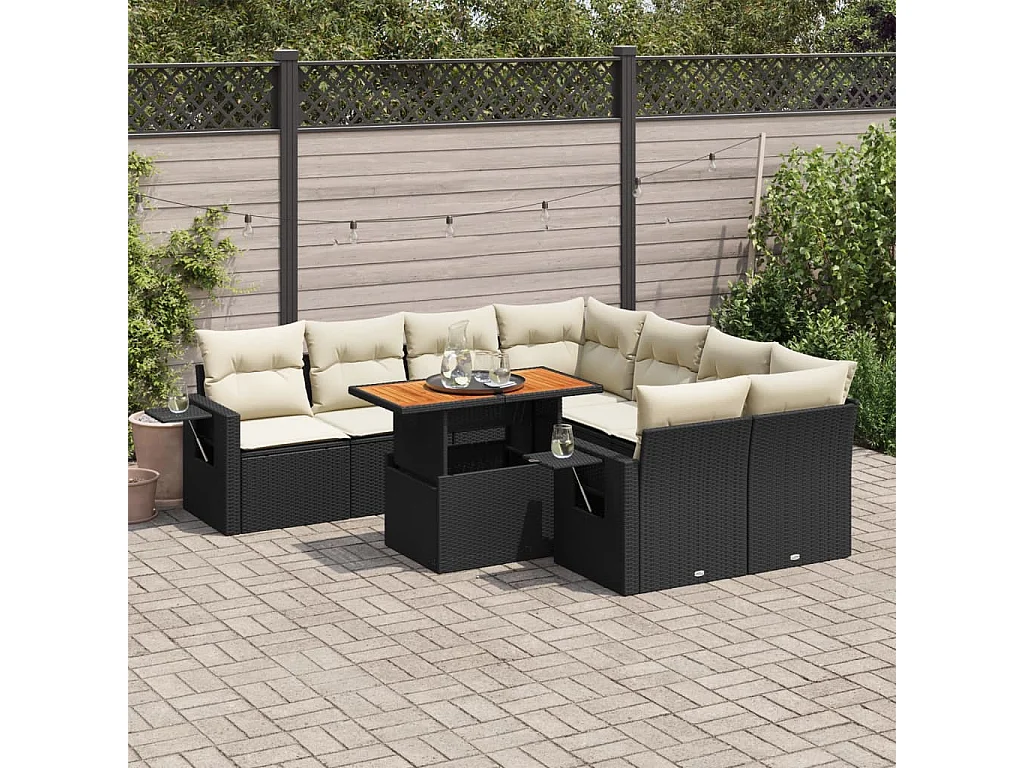 9-delige Loungeset met kussens poly rattan zwart