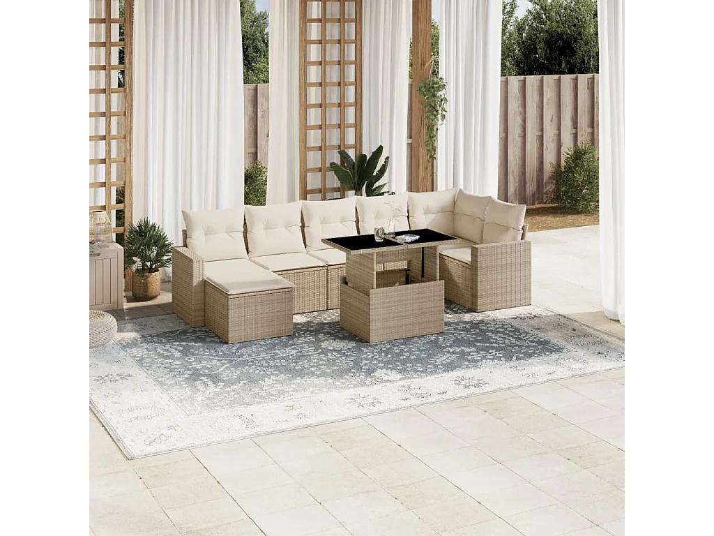 8-delige Loungeset met kussens poly rattan beige