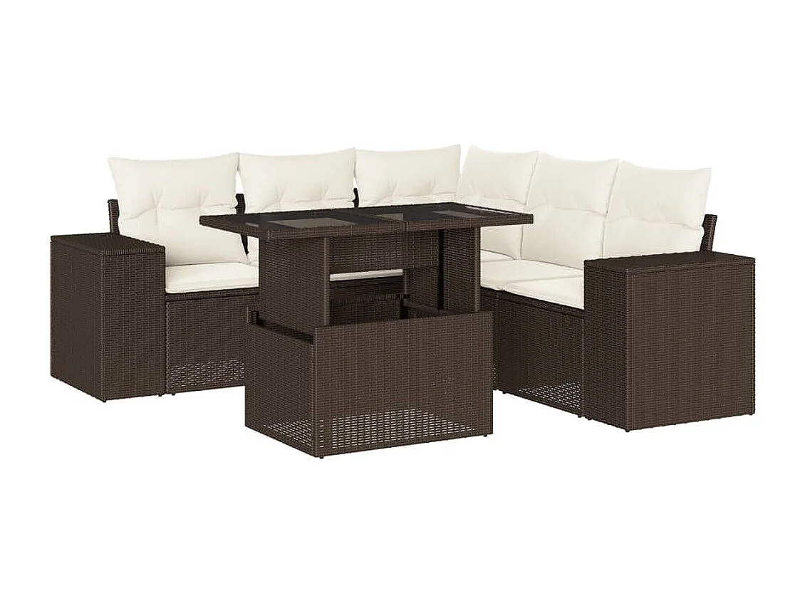 6-delige Loungeset met kussens poly rattan bruin