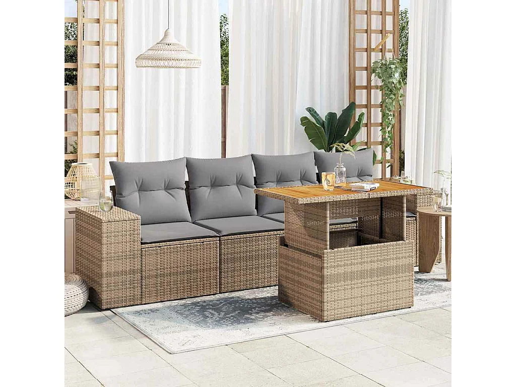 5-delige Loungeset met kussens poly rattan beige