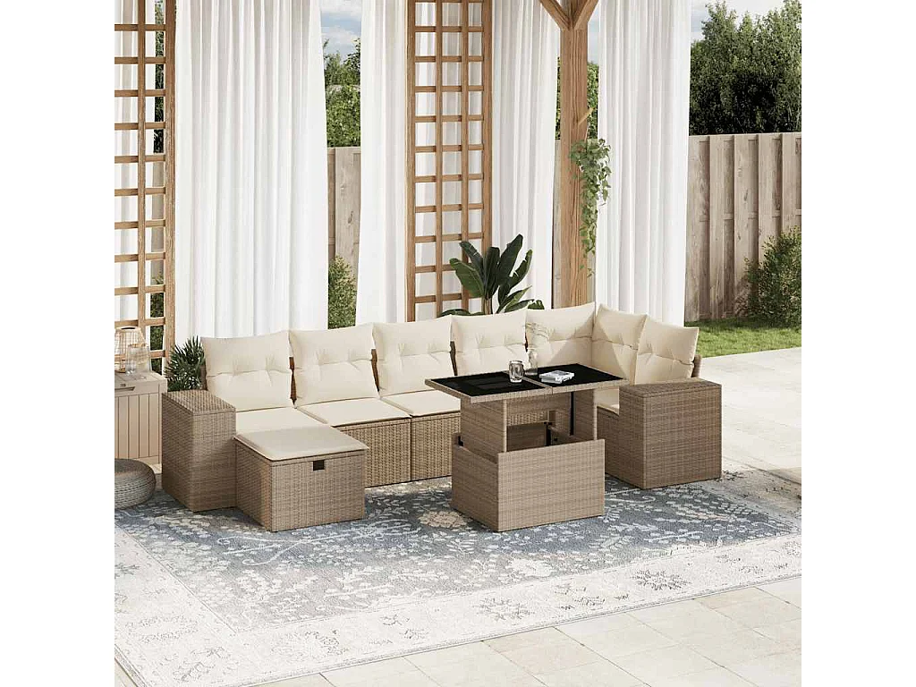 8-delige Loungeset met kussens poly rattan beige