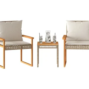 3-delige Bistroset en kussens poly rattan en hout gemengd beige