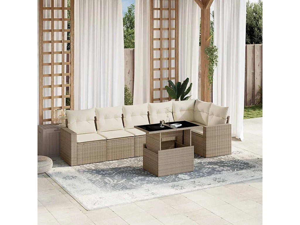 7-delige Loungeset met kussens poly rattan beige