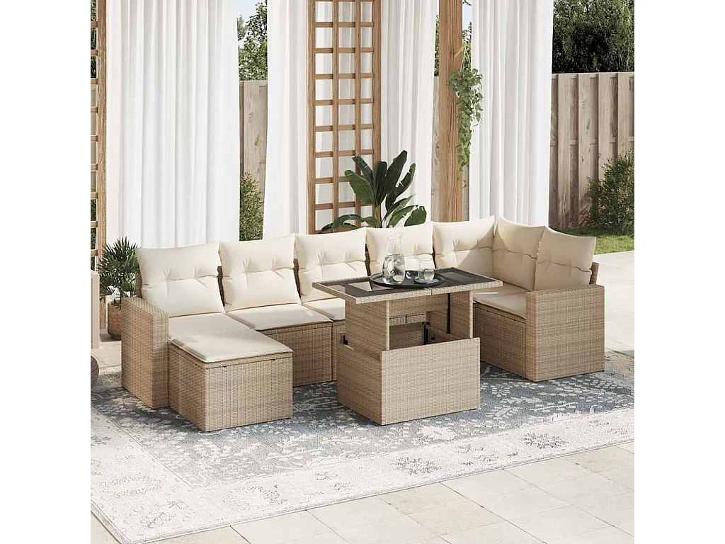 8-delige Loungeset met kussens poly rattan beige