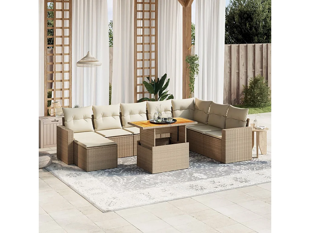 9-delige Loungeset met kussens poly rattan beige