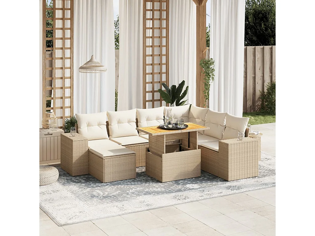 8-delige Loungeset met kussens poly rattan beige