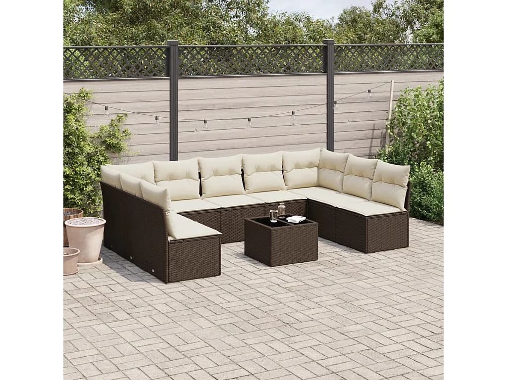 10-delige Loungeset met kussens poly rattan bruin