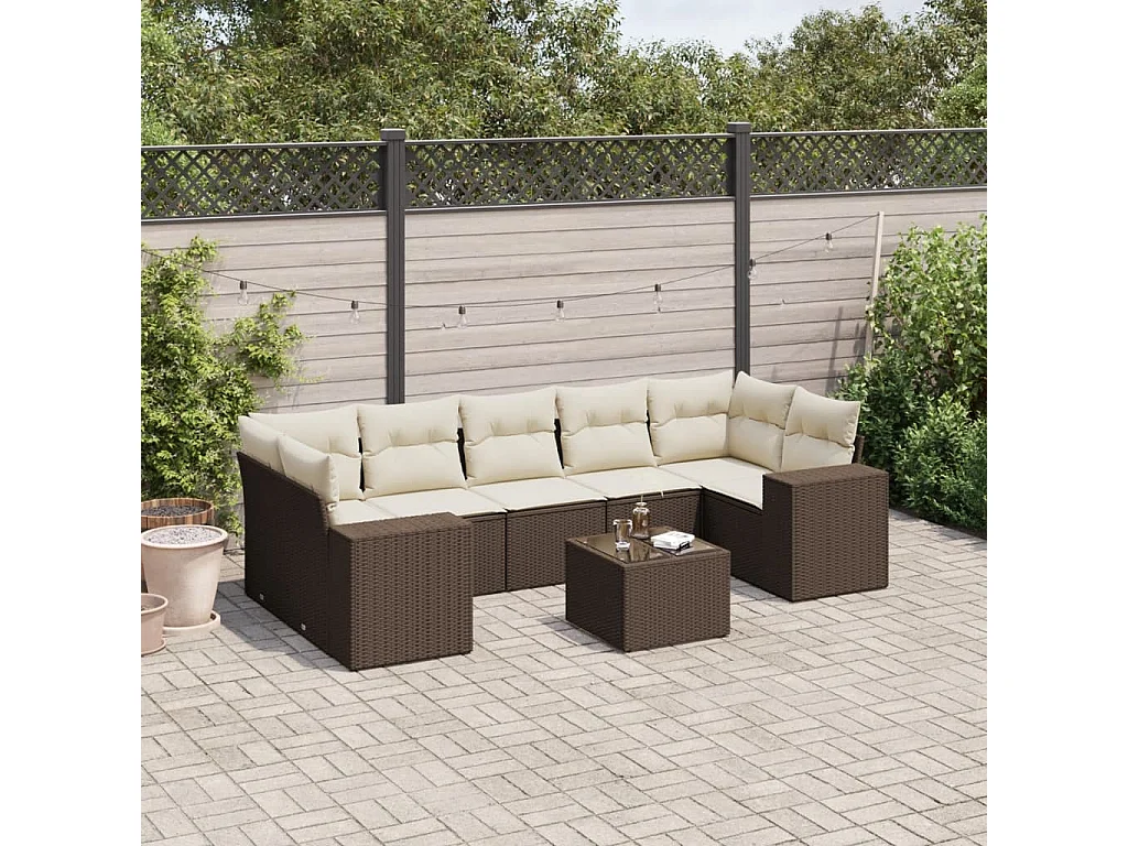 8-delige Loungeset met kussens poly rattan bruin